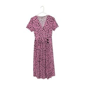 ASOS Pink Leopard Midi Wrap Dress Size 4 Small V-Neck Stretch Elastic Waist